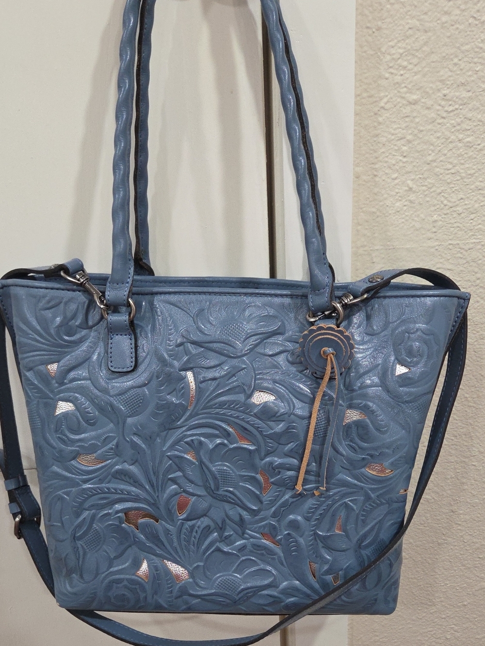 Patricia Nash Blue Floral Embossed Tote Bag with Detachable Strap